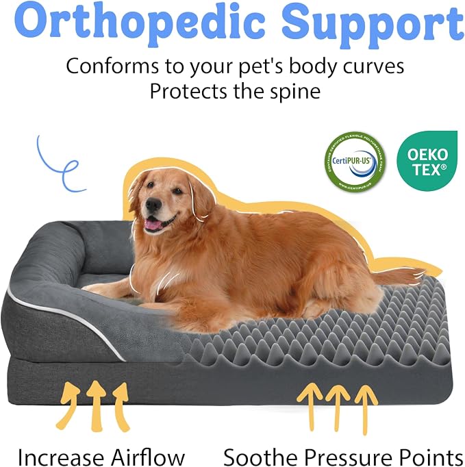 Waterproof Orthopedic XL Dog Bed for Large and Extra Large Dogs | Egg Crate Foam, 4-Sided Bolster Support, Waterproof Liner, Non-Slip Bottom, Machine Washable Cover, 42 x 30 Inch
