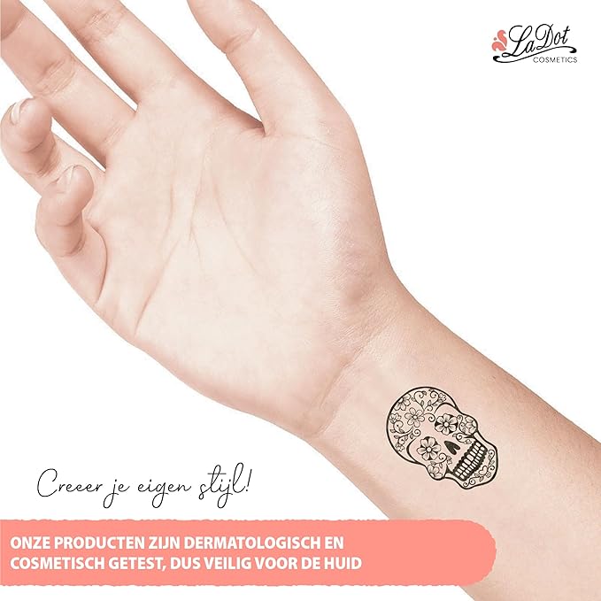 LaDot Temporary Tattoo Stamp– Easy-to-Use Reusable Ceramic Skin Stamp for Creating Custom Temporary Tattoos – Fun Body Art Tool for Parties, Events, and Festivals (Sugar Skull, Medium)