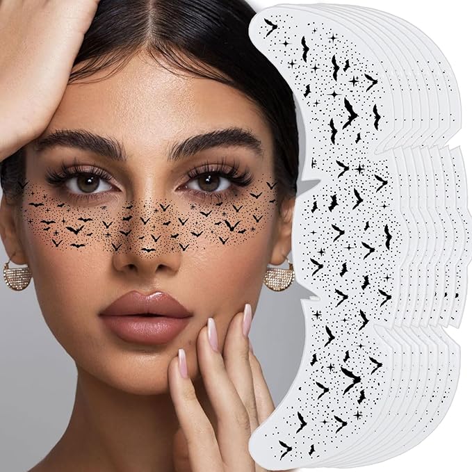 Halloween Freckles Face Stickers, Black Bat Freckles Temporary Tattoos Sticker - Waterproof Fake Tattoos for Adults & Kids, Gothic Party Costume Makeup Accessories for Halloween, Cosplay, Festival
