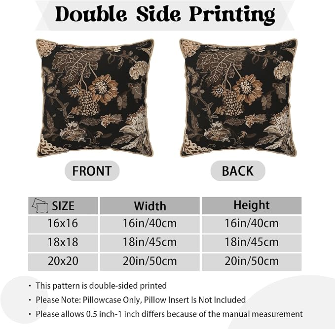 Vintage Black Floral Leaves Velvet Pillow Covers 20x20 Inch Brown Beige Tan Boho Flowers Throw Pillows For Couch Cushion Covers Pillowcase Farmhouse Bohemian Pillow Cases for Sofa Bed Bedroom