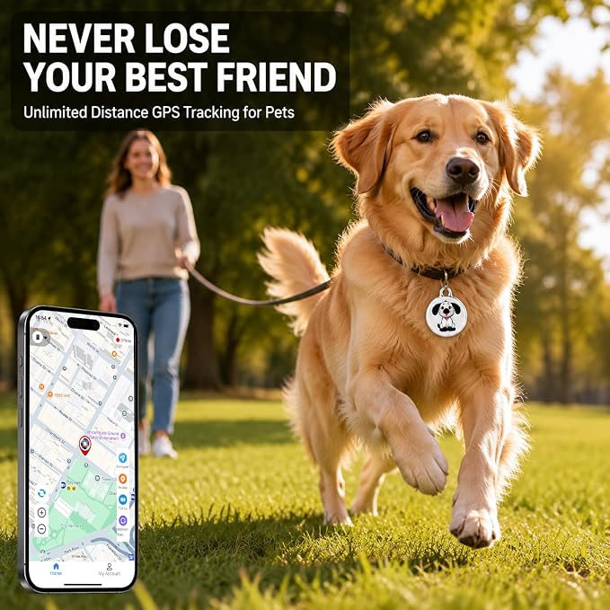 Pet Tracker for Dogs & Cats, No Subscription Required, No Monthly Fee, Smart Pet Locator Compatible with iOS & Android, IP67 Waterproof, Built-in Speaker, Location History & Sharing (Android & iOS)