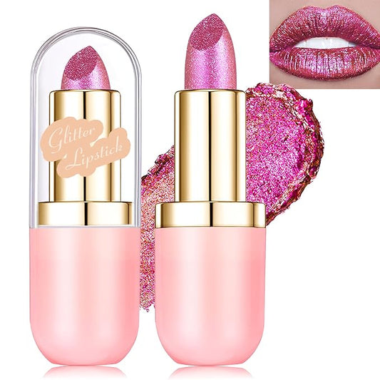 Glitter Lipstick Makeup, Holographic Metallic Pink Lip Stick Long Lasting Lightweight Non-Sticky Hydrating Lip Tinted Full Coverage Sparkling Shimmer Lipstick for Women