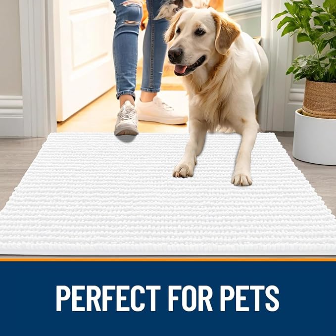 OLANLY Dog Door Mat for Muddy Paws 59x35, Extra Absorbent Chenille Mud Mat | White, Absorbs Moisture and Dirt, Non-Slip Machine Washable Doormat, Quick-Drying Indoor Entryway Floor Mat for Dogs