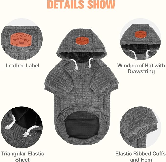 BEAUTYZOO Dog Hoodies Sweater for Medium Dogs, Waffle‑Like Laminated Coat | Warm Dog Sweatshirt with Pocket & Leash Hole, Pullover Clothes for Girl Boy Dogs, Stretchy & Easy‑On‑Off, Bulldogs Pitbulls