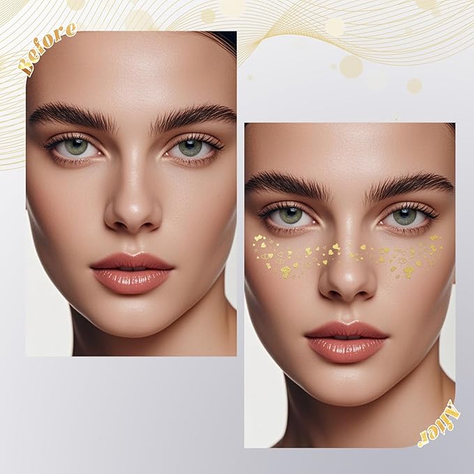 Glitter Freckles - Gold Glitter Freckles Face Tattoo, 6PCS Makeup Patches, Temporary Face Glitter, Faux Fake Freckles, Cute Face Jewels for Women and Girls, Water Transfer Face Glitter for Kids