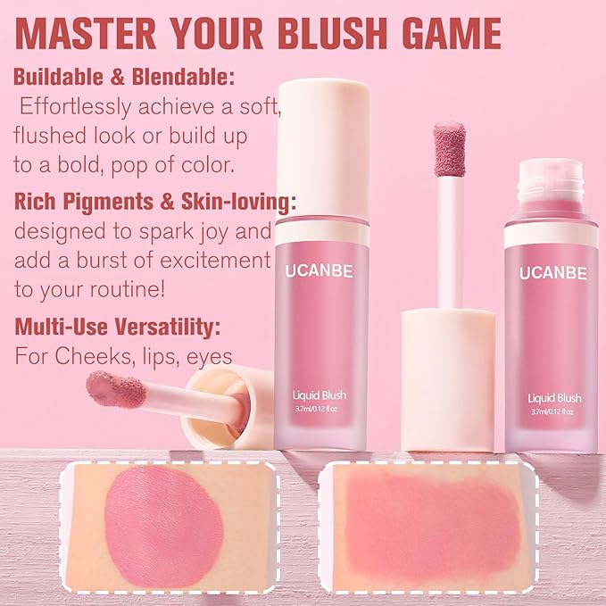 Dewy Liquid Blush for Cheeks, High Pigment Buildable Cream Blush, Long-Lasting Natural Glow - Hydrating Formula Lightweight Makeup Radiant Flushed Cheeks (01 Pink)