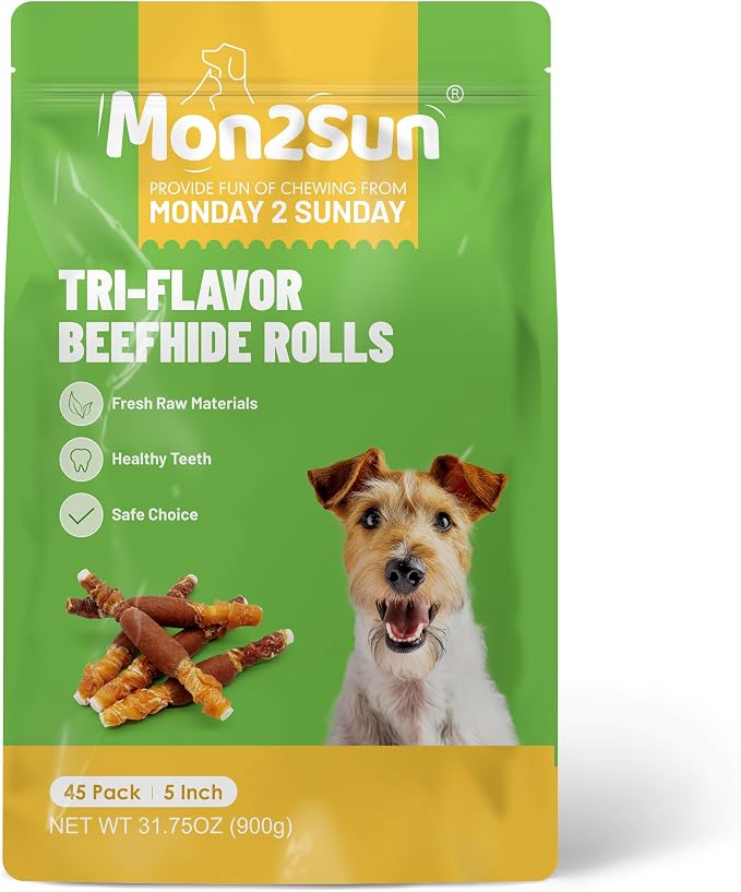 MON2SUN Dog Treats, 5 Inch Triple Flavor Wrapped Rawhide Sticks, 31.75 oz | 45 Count, Chicken Liver, Duck and Chicken Recipe, Long-Lasting Chew, Support Dental Health, for Small and Medium Dogs
