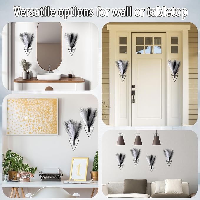 Hanaive 4 Sets Boho Wall Decor Metal Wall Art Hanging Planters with Artificial Pampas Display Modern Home Vase for Bedroom Home Office(Understated,Black，White，Light Gray)