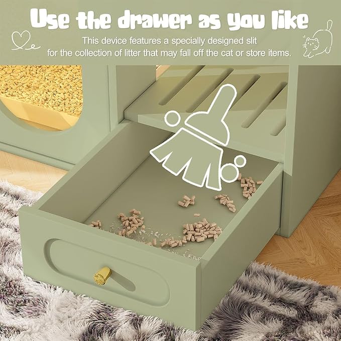 Hidden Cat Litter Box Enclosure Furniture with LED Light, Modern Litter Box Cabinet with Drawers & Acrylic Door, Multi-Entry Cat House Sideboard for Living Room, 37.4"W x 15.6"D x 31.5"H,Green