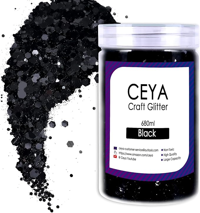 Ceya Chunky Glitter, 1 LB/ 16OZ Black Bulk Craft Glitter Mixed Chunky Fine Glitter Powder Bottled Halloween Glitter Sequins for Black Halloween Bats, Epoxy Resin, Tumbler, Slime, Party, Festival Decor