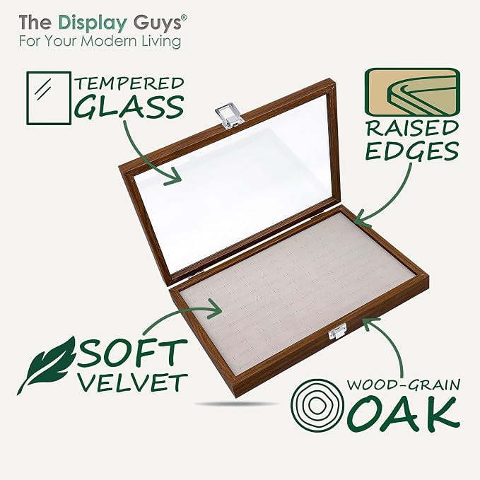 Wooden Travel Jewelry Box w. Tempered Glass Display Lid - Rings Storage - 100-Slots Velvet Organizer (Dark Oak) by The Display Guys