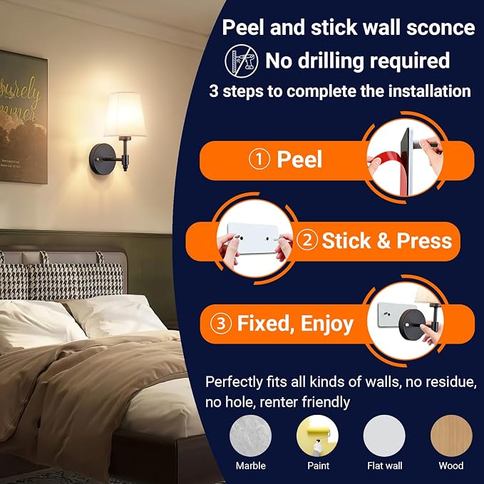 YHCDLAMP Peel and Stick Wall Sconces, No Drilling Stick On Wall Sconce, Wireless Battery Operated Wall Lights, Adhesive Wall Lamp with 10000mAh Battery Bulb for Bedroom Living Room Decor