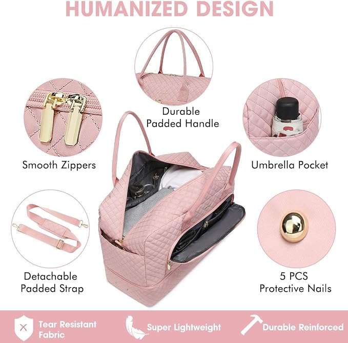 Initial Travel Duffle Bag for Women - Pink Personalized Weekender bags Overnight Bag with Shoe Compartment & Wet Pocket Weekend Tote Bags with Toiletry Bag Monogram Xmas Gifts (Letter M)