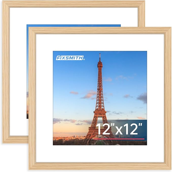 12x12 Picture Frame Natural Set of 2, Photo Frame with HD Plexiglass, Display Pictures 8x8 with Mat or 11x17 Without Mat, Gold Picture Frames Collage Wall Decor, Gallary Wall Frame