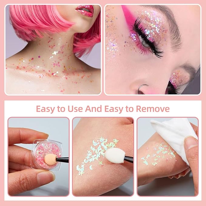 Gold Body Glitter Face Glitter Red Hair Glitter Gel Festival Face Paint Rave Makeup Glitter Christmas & Halloween & Valentines Face Gems 6 Shapes Fine Chunky Glitter Gel for Women Girls