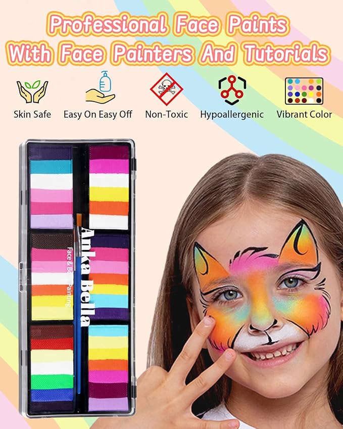 Anka Bella Professional Water Activated 6x30gm Face Paint for Kids & Adults,Washable Non toxic Rainbow Cake Face Painting Kit with Stencils & Brushes Ideal for Easter/Parties/Halloween/Carnival