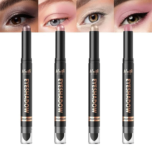 LANGMANNI 4Colors Dual-Ended Cream Eyeshadow Stick Set – Silky Smooth, Waterproof & Transfer-Proof, Built-in Blender Brush, All-Day Matte & Shimmer Wear Eye Makeup(#4+6+7+9)