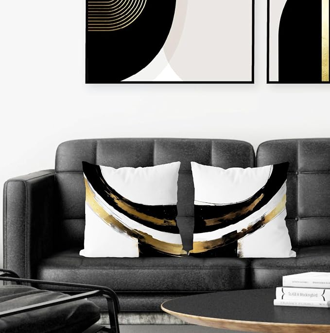 Black White Gold Pillow Covers, Abstract White Black and Gold Pillow Covers 18x18 Set of 2, Modern Black and White Pillow Covers for Couch Bed Living Room