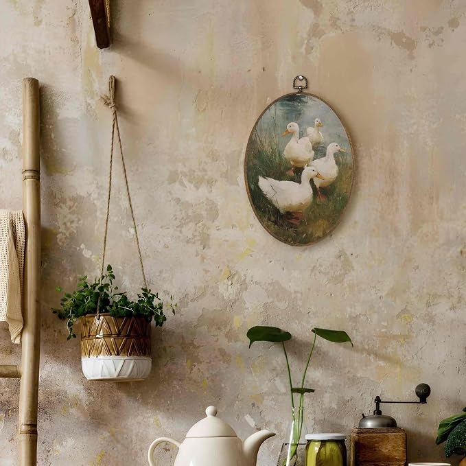 LKETW Rustic Farmhouse Duck Oval Wall Art Decor, Vintage Country Duck Oval Canvas Hanging Decor, Cottagecore Farm Animal Wall Decorations for Farmhouse Home Bedroom Living Room, 8.6x11.4 Inch