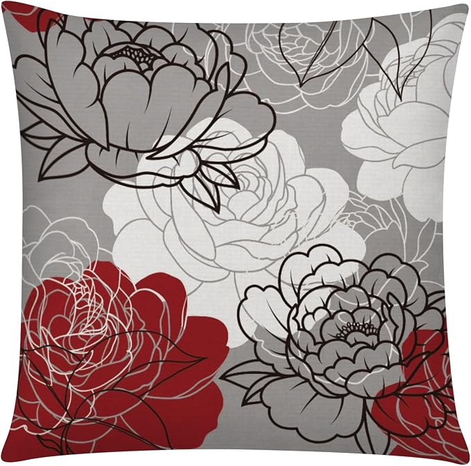 COMMINY Red Grey Pillow Covers 16x16 Set of 6 Decorative Burgundy Daisy Throw Pillow Cover for Couch Modern Farmhouse Cushion Cover for Patio Sofa Bed Living Room Home Decor | red floral, decorative cushion cover, Breathable Linen, Accent pillow, chair...