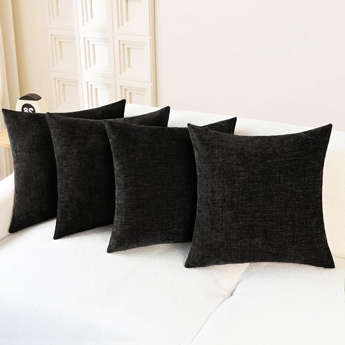 CaliTime Decorative Couch Throw Pillow Covers 18 X 18 Inches Black | Pack of 4, Cozy Chenille Cushion Cases for Sofa Bed Living Room Farmhouse Home