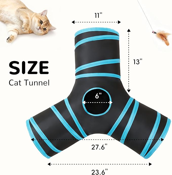 Tempcore Cat Tunnel, 3-Way Collapsible Toy for Indoor Cats, Black & Blue