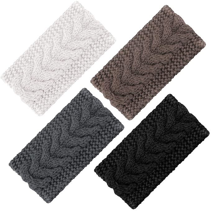 4 Pieces Winter Ear Warmers Headbands Women Warm Knitted Headband Braided Crochet Head Wraps for Girl (Khaki, Dark Grey, Beige, Black)