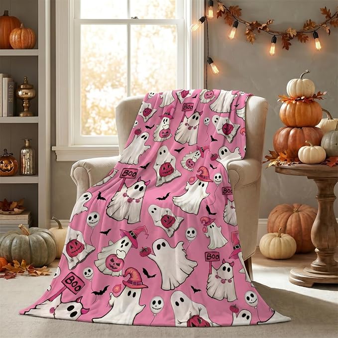 Horaldaily Halloween Pink Ghost Pumpkin Skulls Flannel Throw Blanket 50x60 | All Season Using Ultra Soft Fuzzy Plush Cozy Non-shedding Blanket for Couch Sofa Bed Camping, Ideal Gift for Kids Adults