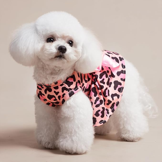 PUPTECK Fashionable Dog Dress with Bow Puppy Clothes, Pink Leopard Print S | Breathable Puppy Doggie Pet Clothes Outfits Apparel Costume for Party Holiday Photoshoot for Small Medium Large Dogs Girl