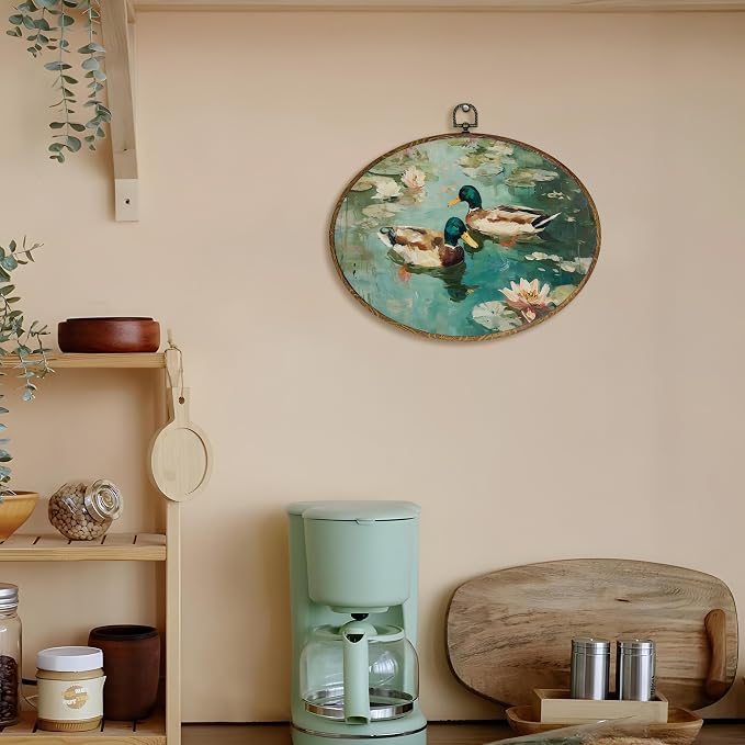 LKETW Vintage Mallard Duck Oval Wall Art Decor, Rustic Farmhouse Duck Oval Canvas Hanging Decor, Country Lakeside Floral Farm Animal Wall Decorations for Home Bedroom Living Room, 8.6x11.4 Inch