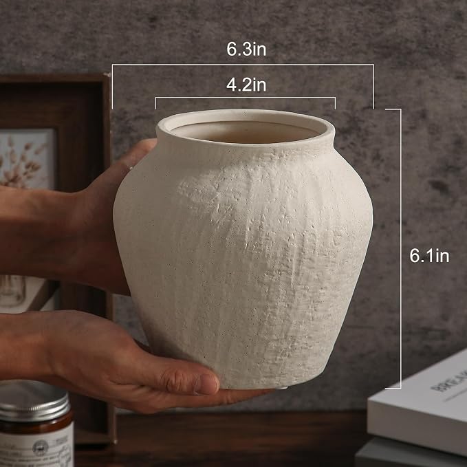 Farmhouse Ceramic Vase - White Rustic Vintage Flower Vase for Home, Living Room, Shelf and Dining Table Decor-6.1IN.
