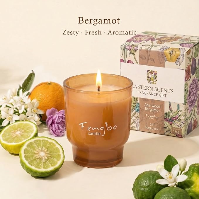 Bergamot Citrus Scented Candle, Decorative Colored Glass Jar with Natural Soy Wax, Aromatherapy Non Toxic with Essential Oil, Relaxing Candle Gifts for Women, Candles for Home Scented