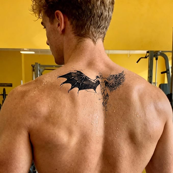 Semi Permanent Tattoos, 2 Sheets Large Realistic Large Angel VS Devil Wings Temporary Tattoos for Men Back Chest Calf, 2 Weeks Fake Tattoos, Waterproof and Non-Reflective, Unique Design