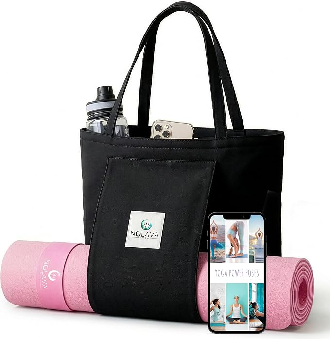 Nolava Yoga Mat with Bag – 72 x 24 inch, 1/4 inch Thick Non-Slip Mat – Includes Slap Band, Black Zippered Carry Tote with Mat Sleeve & Inner Pocket – For Yoga, Pilates, Home or Studio.