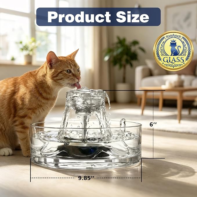 Glass Cat Water Fountain 88oz/2.6L, Cat & Dog Water Fountain for Drinking, Ultra-Quiet Glass Water Fountain for Cats Indoor, Pet Water Fountain for Multi-Cat Homes, Automatic Water Dispenser for Cats