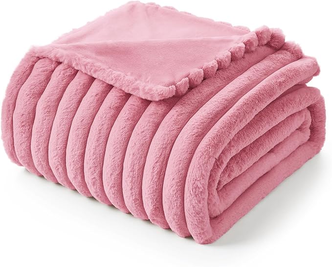 Faux Fur Throw Blanket for Couch, Cozy Fuzzy Fluffy Fur Luxurious Soft Striped Plush Gift Blankets for Family Sofa Chair Bedroom, 55"x70", Pink
