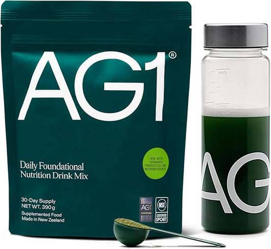 AG1 Greens Powder Supplement | Improve Gut Health | Multivitamin, Probiotic, Gluten Free, Vegan and Keto Friendly | Shaker & Scoop Included | 75 Vitamins (Athletic Greens), Classic Formula