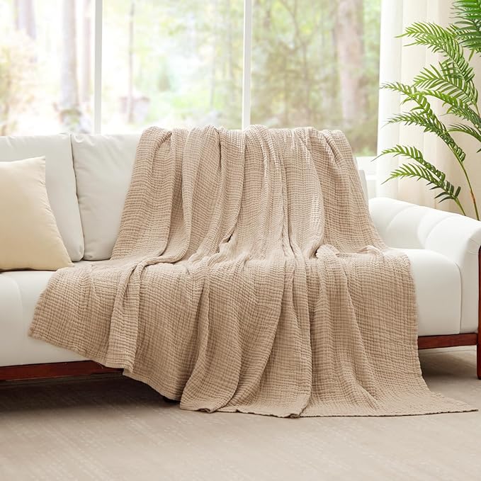 Cooling Throw Blanket Twin XL 66" x 90", 6 Layers Muslin Blankets 100% Cotton, Breathable and Lightweight Twin Blanket for Bed, Soft Bedspread, Gauze Bedding for All Season, Beige Linen