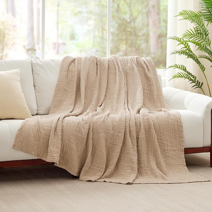 100% Cotton Muslin Blanket 50" x 60", Breathable and Lightweight Cotton Throw Blankets for Couch, Soft Cooling Summer Gauze Blanket for Adults All Season, Beige