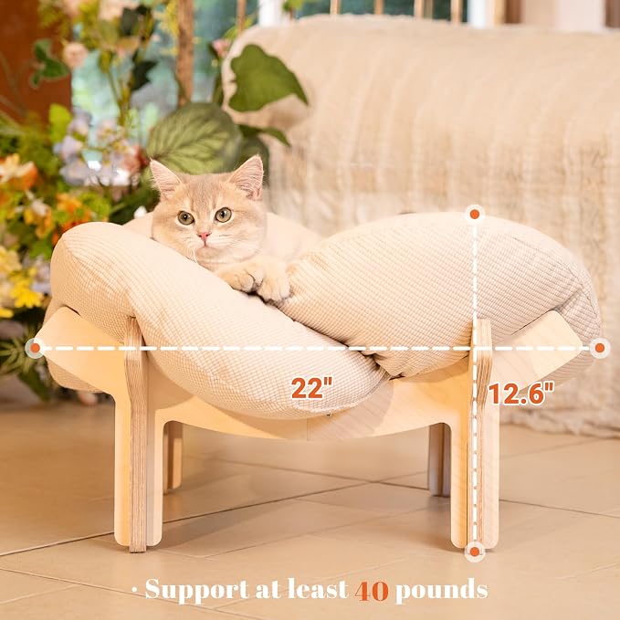 Elevated Cat Bed for Indoor Cats Couch Sofa Flower | Pet Beds with Soft Washable Cushion, Stable Wooden Frame, Raised Cat Hammock & Furniture for Kitty & Puppy All-Season(White)