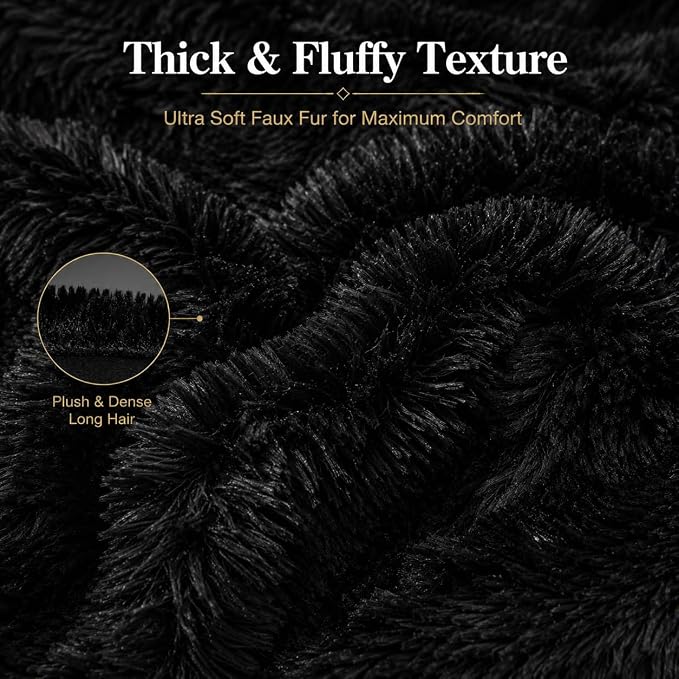 REAFORT Long Hair Faux Fur Euro Sham Cover 26"x26", Hidden Zipper(Black) | Ultra-soft plush faux fur with a hidden zipper adds luxurious comfort and is machine washable for easy care.