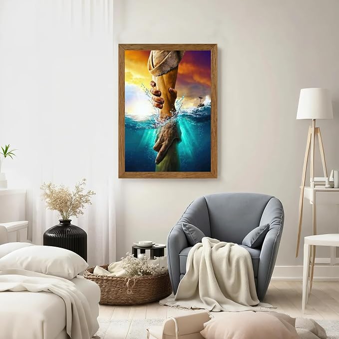 Solid Wood Framed Jesus Christ Canvas Wall Art The Hand of God Jesus Reaching Into Water Christian Painting Prints Biblical Wall Decor Religious Room Decor for Church Prayer Room Schools 24'' x 36''
