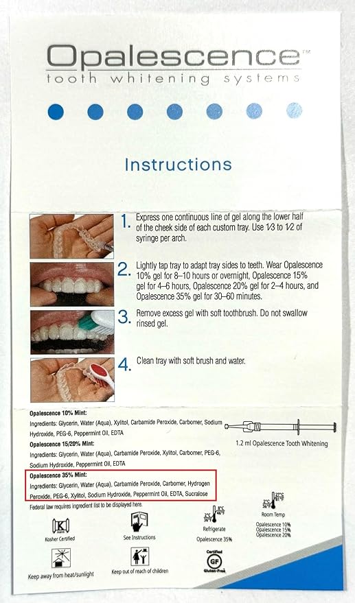 Opalescence 35% Gel Syringes Teeth Whitening - Refill Kit (12 Syringes), Made by Ultradent, Carbamide Peroxide in Mint Flavor. Tooth Whitening 5197-12