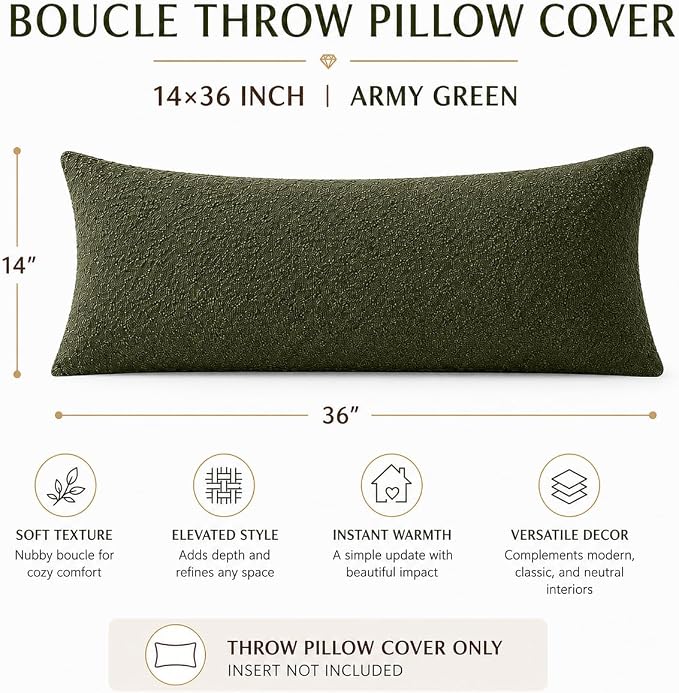 JoraLion 14x36 inch Boucle Lumbar Pillow Cover, Army Green Woven Texture Neutral Long Pillow Cover Breathable Cushion Case for Couch Sofa Bed Living Room Home Decor (Cover Only)