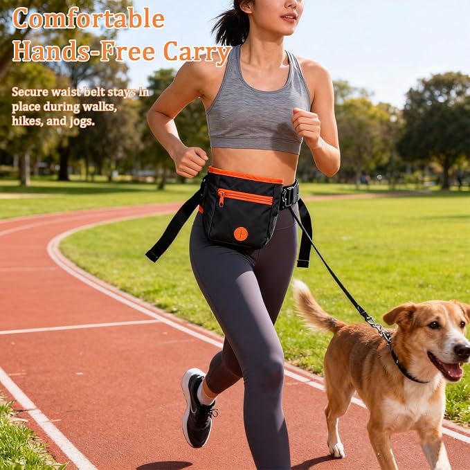 Dog Treat Pouch for Training, 2 Cup Dog Food Storage Bag with Poop Bag Dispenser, Collapsible Bowl, Adjustable Shoulder Strap, Kibble Carrier for Walking Hiking Camping, Orange Black