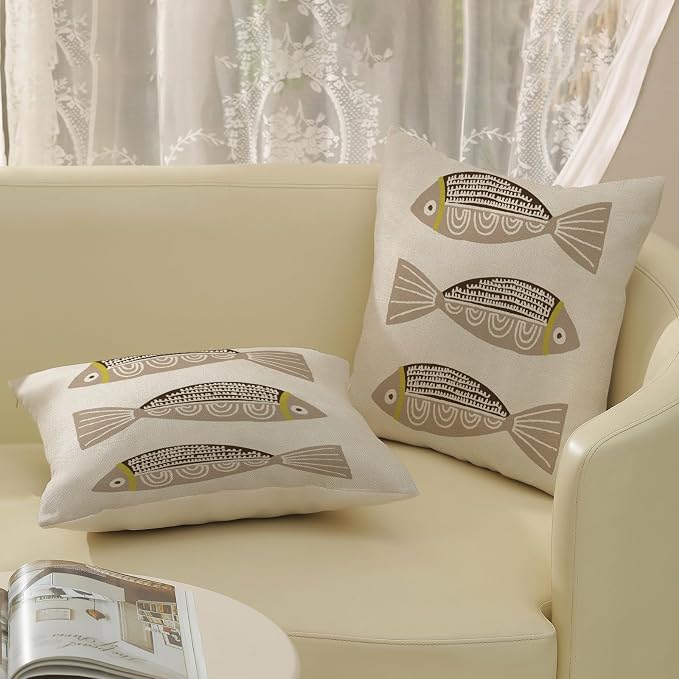 Coastal Pillow Covers 18x18 Inch Set of 2 Ocean Beach Brown Fish Throw Pillows Summer Nautical Outdoor Decorative Pillow Cases Linen Farmhouse Cushion Cover for Couch Home Sofa Bedroom Decor