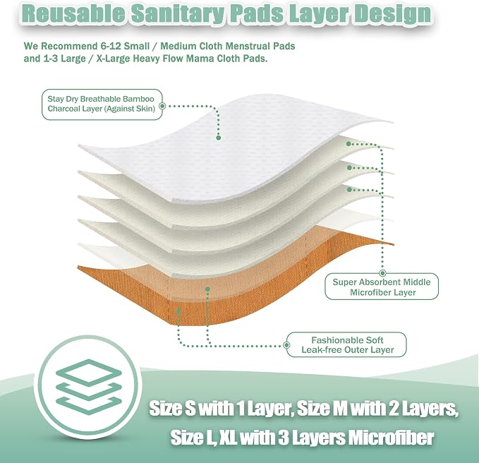 Wegreeco Cloth Menstrual Pads - Soft Washable Pads for Women - Reusable Panty Liners for Women - 6 Pack with 1 Cloth Mini Wet Bag (Medium, Dark Coffee)