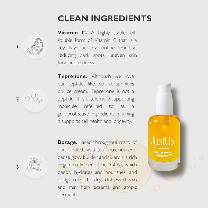 JustUs Skincare, Brilliance - Vitamin C Oil Serum for Face, reduce age spots, discoloration, and hyperpigmentation, Vitamin C with Teprenone, Borage + Tetrahexldecyl Ascorbate - 30ml / 1 oz