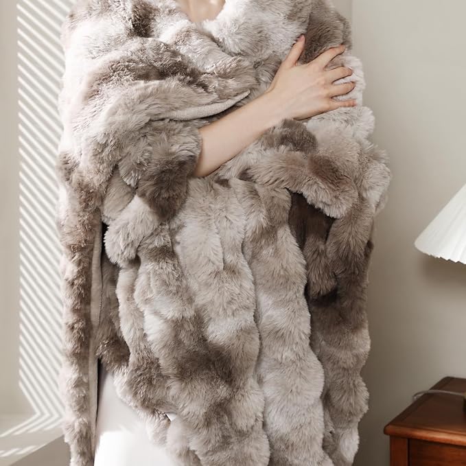 Faux Rabbit Fur Throw Blanket for Couch Gifts for Mom 50"x60" Tie-dye Brown | Cozy Reversible Fluffy Throw, Luxury Plush Thick Bubble Blanket, Mothers Gifts for Women, Soft Warm for Bed, Home Decor
