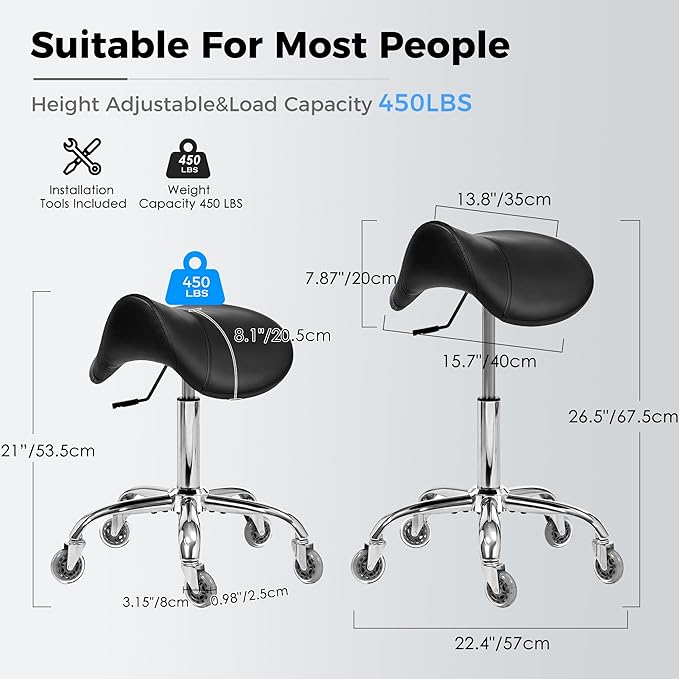 BEWISHOME Saddle Stool with Wheels, Swivel Adjustable Rolling Stool,Heavy Duty PU Leather Wide Thick Seat Padding Ergonomic Chair for Beauty Salon Spa Clinic(Black) BMD01B